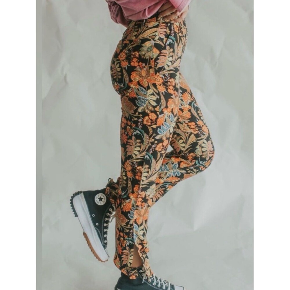 Polagram Black Floral Trousers with Orange and Blue Botanical Print sz LARGE